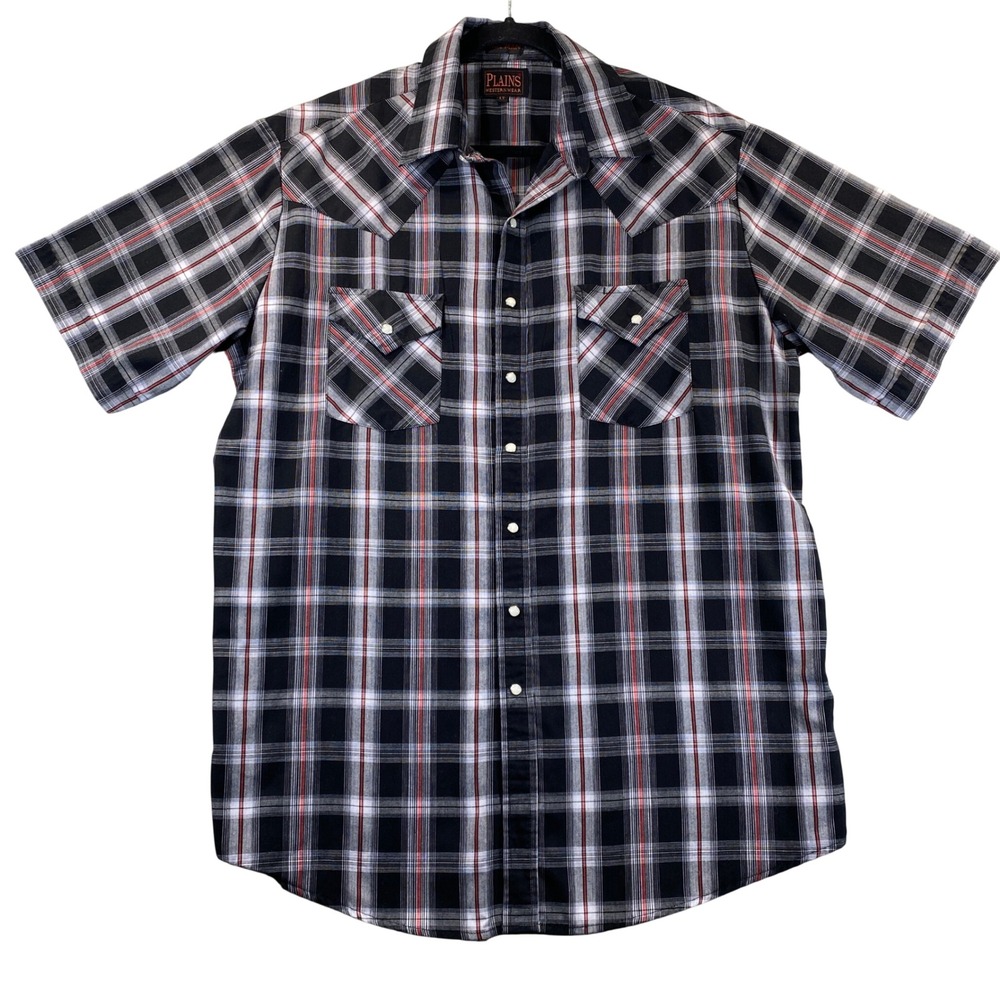 Plains Western Wear Men Large Tall Pearl Snap Shirt Short Sleeve Plaid Black Red